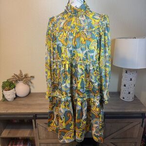 Cinq a Sept Brady Mini Dress Size 4 High Neck Tiered Eucalyptus Multicolored
